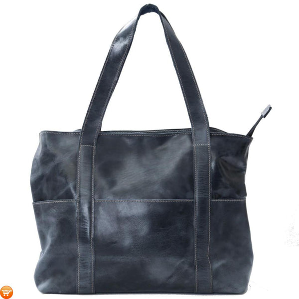 Dark Blue Handcrafted Leather Tote - Bargain Love